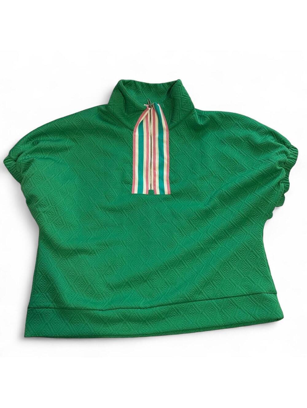 Cicy Bell Green Textured Short Sleeve Pullover with Half Zip
